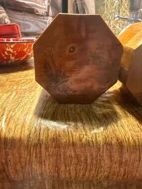 Vintage Hand Painted Octagon Bamboo Wood Rabbit Trinket Box